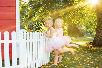 Image showing The two little girls at playground against park or green forest