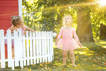 Image showing The two little girls at playground against park or green forest