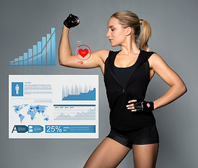 Image showing young woman showing muscles with charts and pulse