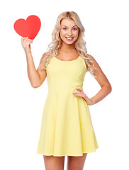 Image showing happy young woman with red paper heart