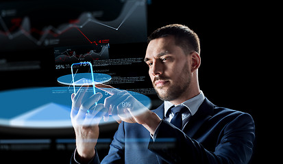 Image showing businessman with smartphone and virtual charts