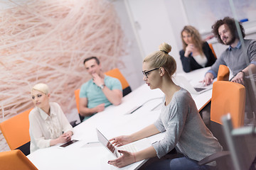 Image showing Startup Business Team At A Meeting at modern night office buildi