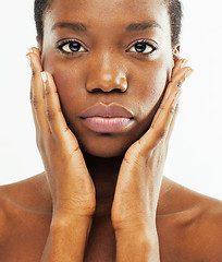 Image showing young pretty african american woman naked taking care of her skin isolated on white background, healthcare people concept 