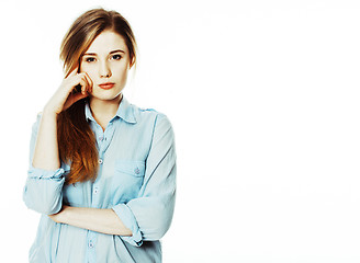 Image showing cute young pretty girl thinking on white background isolated clo