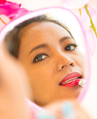 Image showing Lipstick In Mirror Application Shows Beauty And Pretty