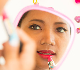 Image showing Lipstick In Mirror Application Shows Beauty And Makeup