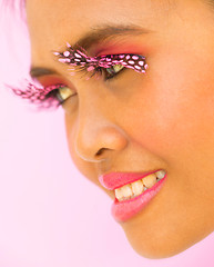 Image showing Pink Eyelashed Girl Shows Fashion Eyelashes Closeup