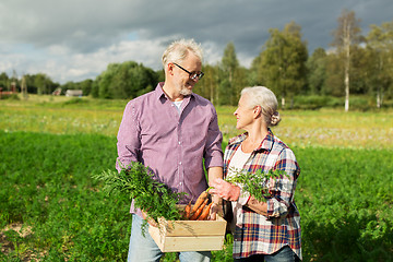 Image showing senior couple with box of carrots on farm