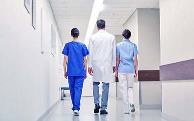 Image showing group of medics or doctors walking along hospital