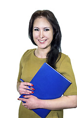 Image showing Young business woman smiling with a folder of papers in hands