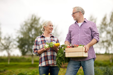 Image showing senior couple with box of vegetables on farm