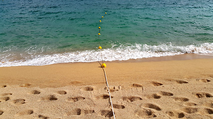 Image showing Rope with floats and footprints on sandy beach