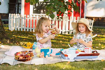 Image showing Two little girls sitting on green grass