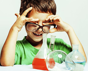 Image showing little cute boy with medicine glass isolated