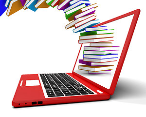 Image showing Stack Of Books Flying From Computer Shows Online Learning