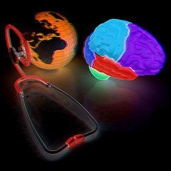 Image showing stethoscope, globe, brain - global medical concept. 3d illustrat