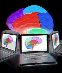 Image showing Computers connected to central brain. 3d render. Anaglyph. View 