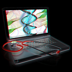 Image showing silver laptop diagnosis with stethoscope. 3D illustration. Anagl