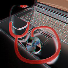 Image showing silver laptop diagnosis with stethoscope. 3D illustration. Anagl