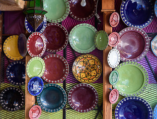 Image showing Traditional arabic handcrafted, colorful decorated plates.