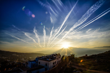 Image showing Sunset in Chefchaouen, the blue city in the Morocco.