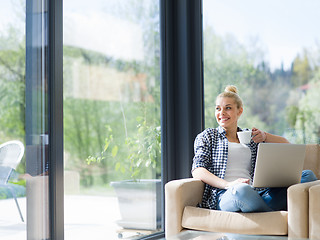 Image showing woman drinking coffee enjoying relaxing lifestyle