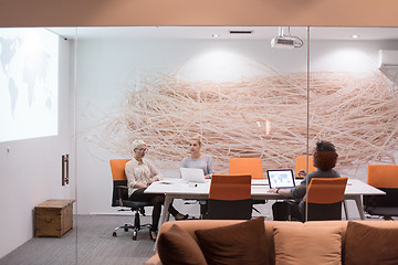 Image showing Startup Business Team At A Meeting at modern night office buildi