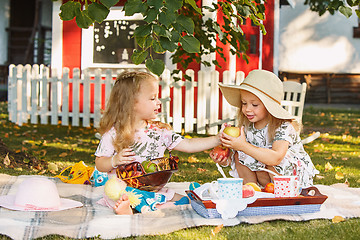 Image showing Two little girls sitting on green grass