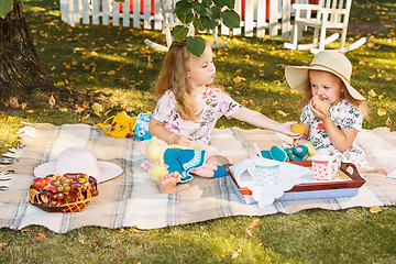 Image showing Two little girls sitting on green grass