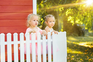 Image showing The two little girls at playground against park or green forest