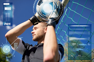 Image showing goalkeeper with ball at football goal on field