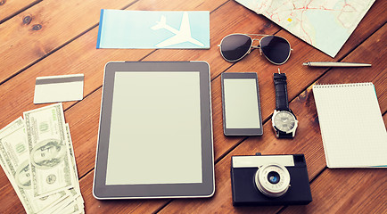 Image showing close up of smartphone and travel stuff