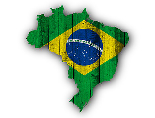 Image showing Map and flag of Brazil on weathered wood