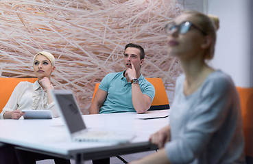 Image showing Startup Business Team At A Meeting at modern night office buildi