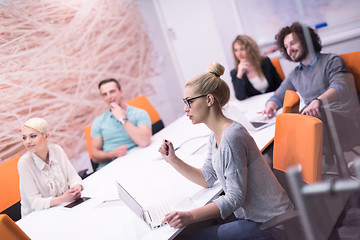 Image showing Startup Business Team At A Meeting at modern night office buildi