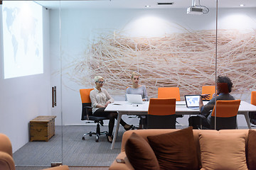 Image showing Startup Business Team At A Meeting at modern night office buildi