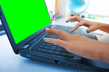 Image showing Women hands working on laptop in office on green screen