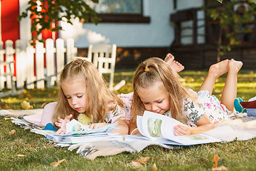 Image showing Cute Little Blond Girls Reading Book Outside on Grass