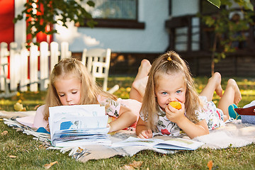 Image showing Cute Little Blond Girls Reading Book Outside on Grass