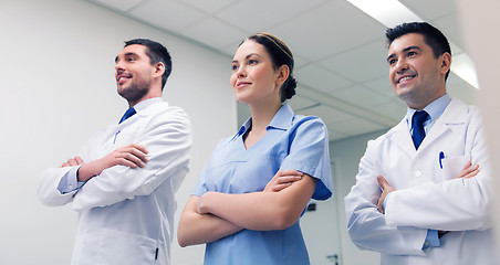 Image showing group of happy medics or doctors at hospital