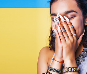 Image showing lifestyle people concept. young pretty smiling indian girl with long nails wearing lot of jewelry rings, asian summer happy cool close up copyspace