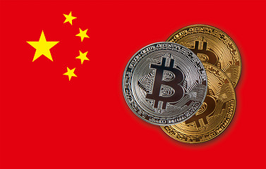 Image showing Bitcoin coins on red China flag