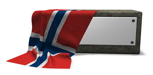 Image showing stone socket with blank sign and flag of norway - 3d rendering