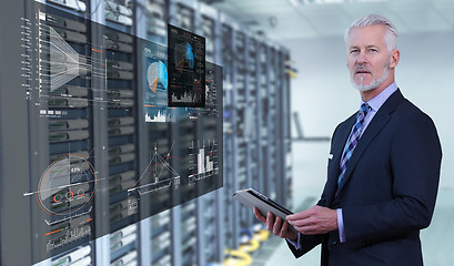 Image showing Senior businessman in server room