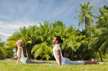 Image showing couple making yoga cobra pose outdoors