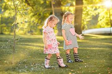 Image showing The cute little blond girls in rubber boots playing with water splashes on the field in summer