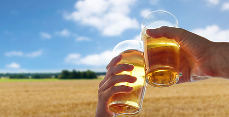 Image showing male hands clinking beer glasses over cereal field