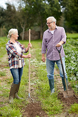 Image showing senior couple with shovels at garden or farm