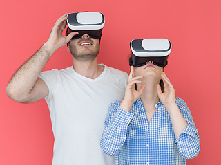 Image showing happy couple using VR-headset glasses of virtual reality