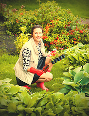 Image showing Beautiful smiling woman planting flowers in a flower garden